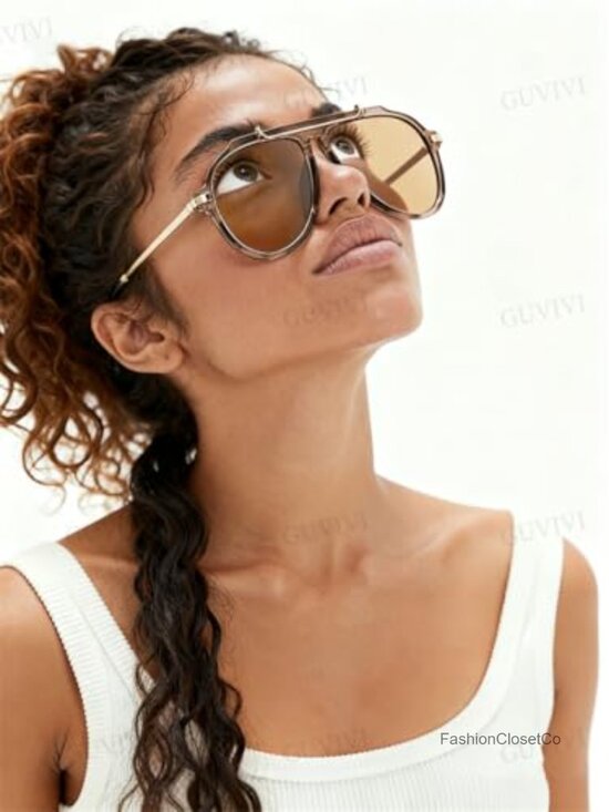 Oversized Aviator Sunglasses Gold Metal Retro 70s Square UV Protection Tangle